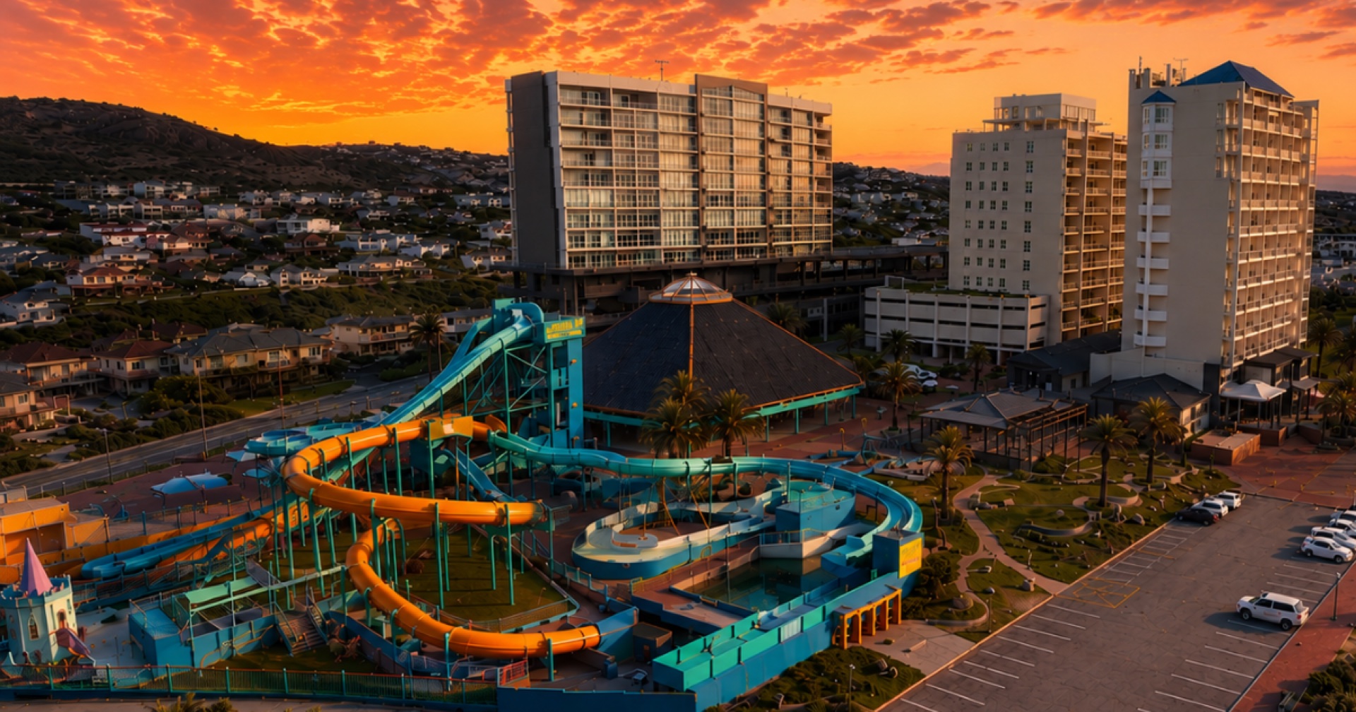 Sunset at Beachclub building and resort